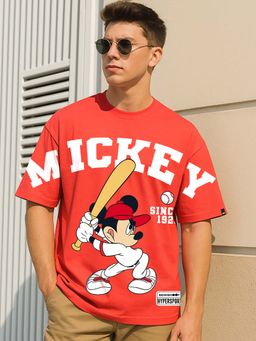 Bewakoof - Heavy Duty 1.0 Official Disney Men's Fiesta Red Mickey Graphic Printed Oversized T-shirt