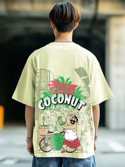 Bewakoof - Men's Fog Green Coconut Graphic Printed Oversized T-shirt