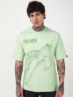 Bewakoof - Men's Green Fog Green Turtle Graphic Printed Oversized T-shirt