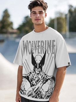 Bewakoof - Official Marvel Men's Vapour Blue Wolverine Graphic Print Oversized T-shirt
