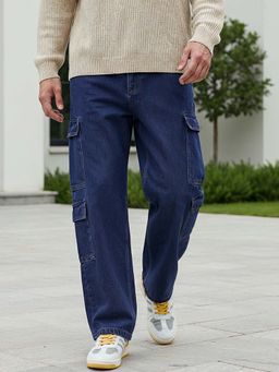 Bewakoof - Men's Dark Blue Baggy Fit Washed Cargo Mid-Rise Jeans