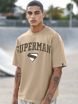 Bewakoof - Heavy Duty 1.0 Official DC Men's Brown Superman Varsity Graphic Printed Oversized T-shirt
