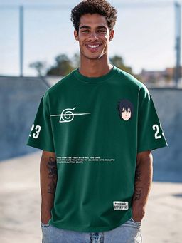 Bewakoof - Heavy Duty 1.0 Official Naruto Men's Green Sasuke Graphic Printed Oversized T-shirt