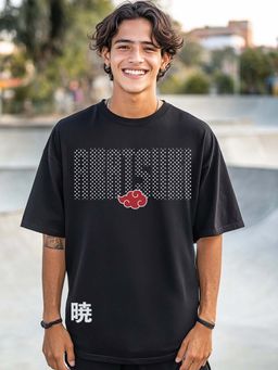 Bewakoof - Official Naruto Men's Jet Black Akatsuki Origin Graphic Printed Oversized T-shirt