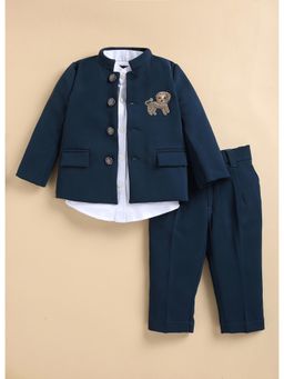 Little Collars - Blue Solid Jacket with Trouser and Shirt
