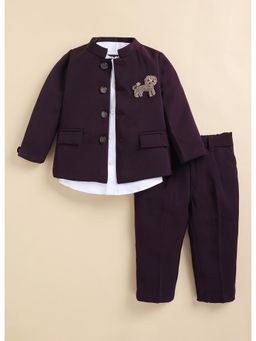Little Collars - Wine Solid Jacket with Trouser and Shirt