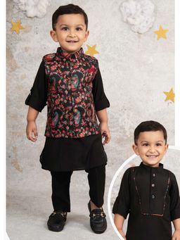 Little Collars - Black Paisley Jacket with Kurta and Pyjama