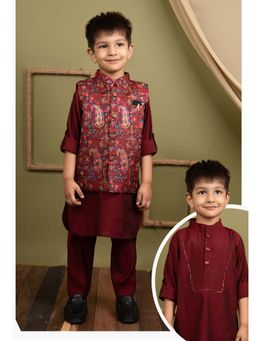 Little Collars - Maroon Paisley Jacket with Kurta and Pyjama