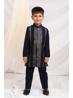 Little Collars - Navy Blue Embroidered Sherwani and Pyjama