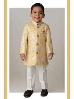 Little Collars - Yellow Self Design Sherwani and Pyjama