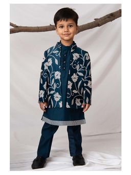 Little Collars - Blue Floral Sherwani with Kurta and Pyjama