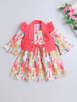 The Magic Wand - Coral Floral Printed Dress With Ruffle Sleeves Jacket