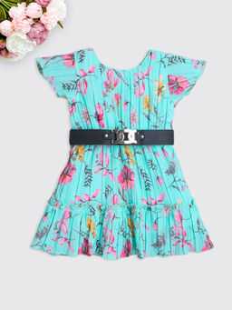 The Magic Wand - Blue Short Sleeves Floral Printed Casual Dress With Belt