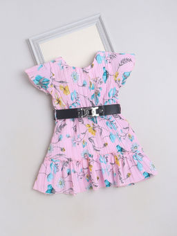 The Magic Wand - Pink Short Sleeves Floral Printed Casual Dress With Belt