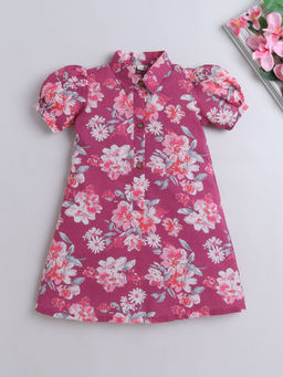 The Magic Wand - Magenta Cotton Puff Sleeves Collar Neck Floral Printed Dress