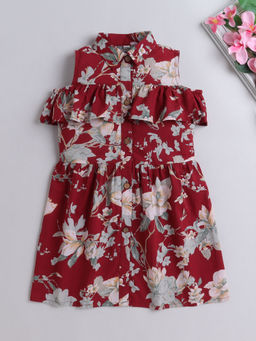 The Magic Wand - Maroon Frill Embellished Collar Neck Floral Printed Dress