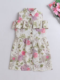 The Magic Wand - Off White Frill Embellished Collar Neck Floral Printed Dress