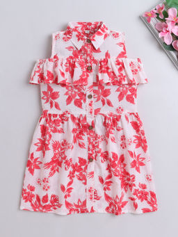 The Magic Wand - Red Frill Embellished Collar Neck Floral Printed Dress
