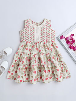 The Magic Wand - Off White Sleeveless Floral Printed Lace Design Dress