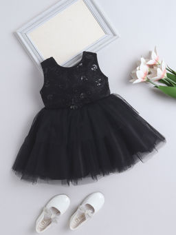 The Magic Wand - Black Sleeveless Satin Band Sequins Flower Tiered Party Dress