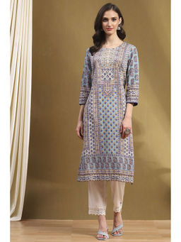 Biba - Women's Blue Printed Cotton Straight Kurta