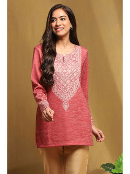 Biba - Women's Pink Polyester Blend Straight Short Kurti