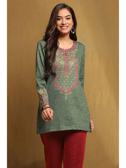 Biba - Women's Green Polyester Straight Short Kurti
