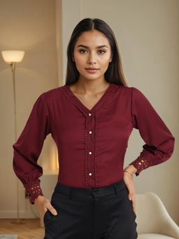 Style Quotient - Women Solid Maroon Polymoss Regular Fit Formal Lace Insert Shirt