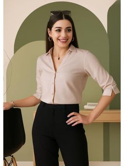 Style Quotient - Women Solid Beige Chambray Formal Shirt