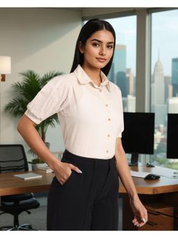 Style Quotient - Women Solid Linen Cream Formal Shirt