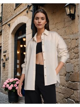 Style Quotient - Women Beige Flex Solid Oversize Shirt