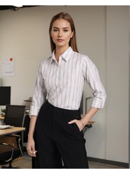 Style Quotient - Women White And Grey Striped Polycotton Regular Fit Formal Shirt