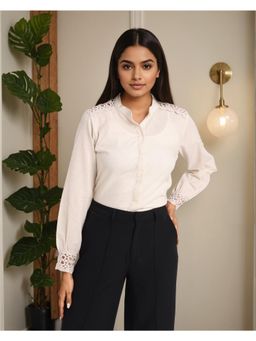 Style Quotient - Women Solid Cream Flex Cotton Formal Shirt