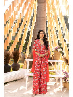 Chhavvi Aggarwal - Red Floral Top with Sharara & Dupatta (Set of 3)