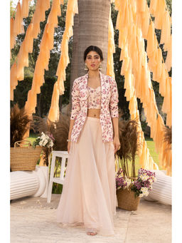 Chhavvi Aggarwal - Nude Pink Organza Crop Top with Skirt & Jacket (Set of 3)