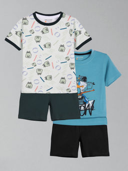 HELLCAT - Boys Blue & White Printed T-shirts and Shorts (Set of 2)