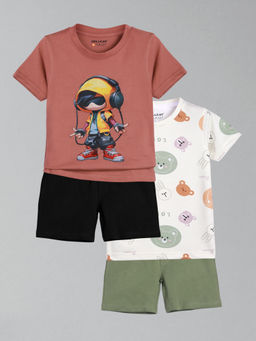 HELLCAT - Boys Pink & White Printed T-shirts and Shorts (Set of 2)