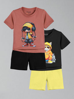 HELLCAT - Boys Pink & Black Printed T-shirts and Shorts (Set of 2)