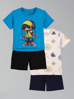 HELLCAT - Boys Blue & White Printed T-shirts and Shorts (Set of 2)