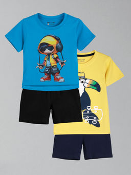 HELLCAT - Boys Blue & Yellow Printed T-shirts and Shorts (Set of 2)