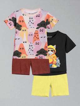 HELLCAT - Boys Black & Multi-Color Printed T-shirts and Shorts (Set of 2)
