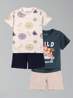 HELLCAT - Boys Navy Blue & White Printed T-shirts and Shorts (Set of 2)