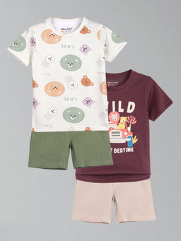HELLCAT - Boys Wine & White Printed T-shirts and Shorts (Set of 2)