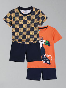 HELLCAT - Boys Orange & Multi-Color Printed T-shirts and Shorts (Set of 2)