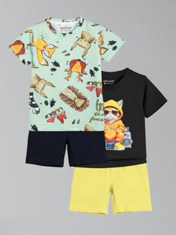 HELLCAT - Boys Black & Green Printed T-shirts and Shorts (Set of 2)