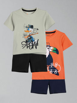 HELLCAT - Boys Grey & Orange Printed T-shirts and Shorts (Set of 2)
