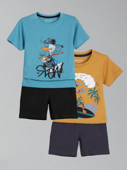 HELLCAT - Boys Blue & Mustard Printed T-shirts and Shorts (Set of 2)