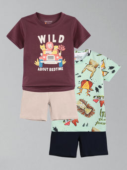 HELLCAT - Boys Green & Wine Printed T-shirts and Shorts (Set of 2)