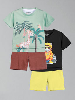 HELLCAT - Boys Green & Black Printed T-shirts and Shorts (Set of 2)