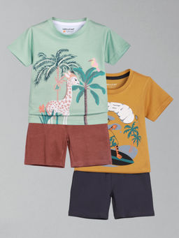 HELLCAT - Boys Green & Mustard Printed T-shirts and Shorts (Set of 2)